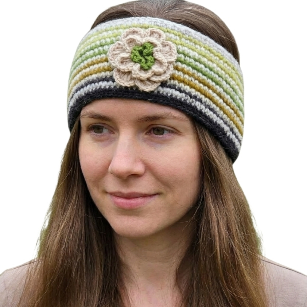 Erin Knitwear Ireland Crochet Flower Headband Wool Green